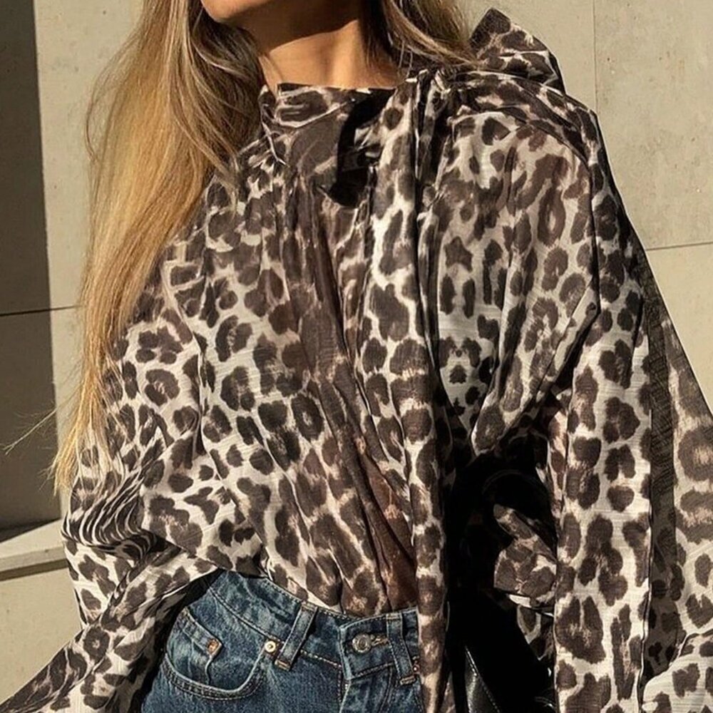 Multicolor Casual Women's Leopard Print Tie Neck Long Sleeve Loose Shirt